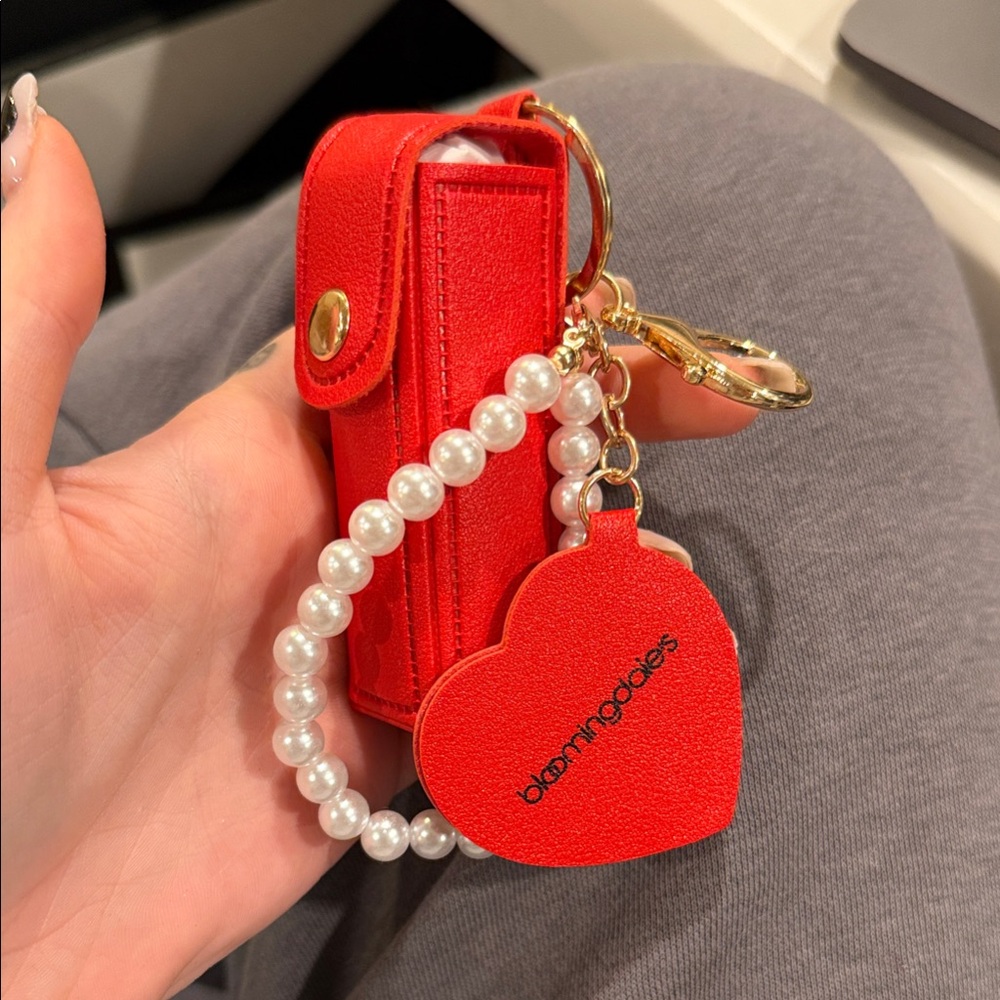 Bloomingdale’s Lipstick Case Red Heart Keychain with Pearl Bracelet